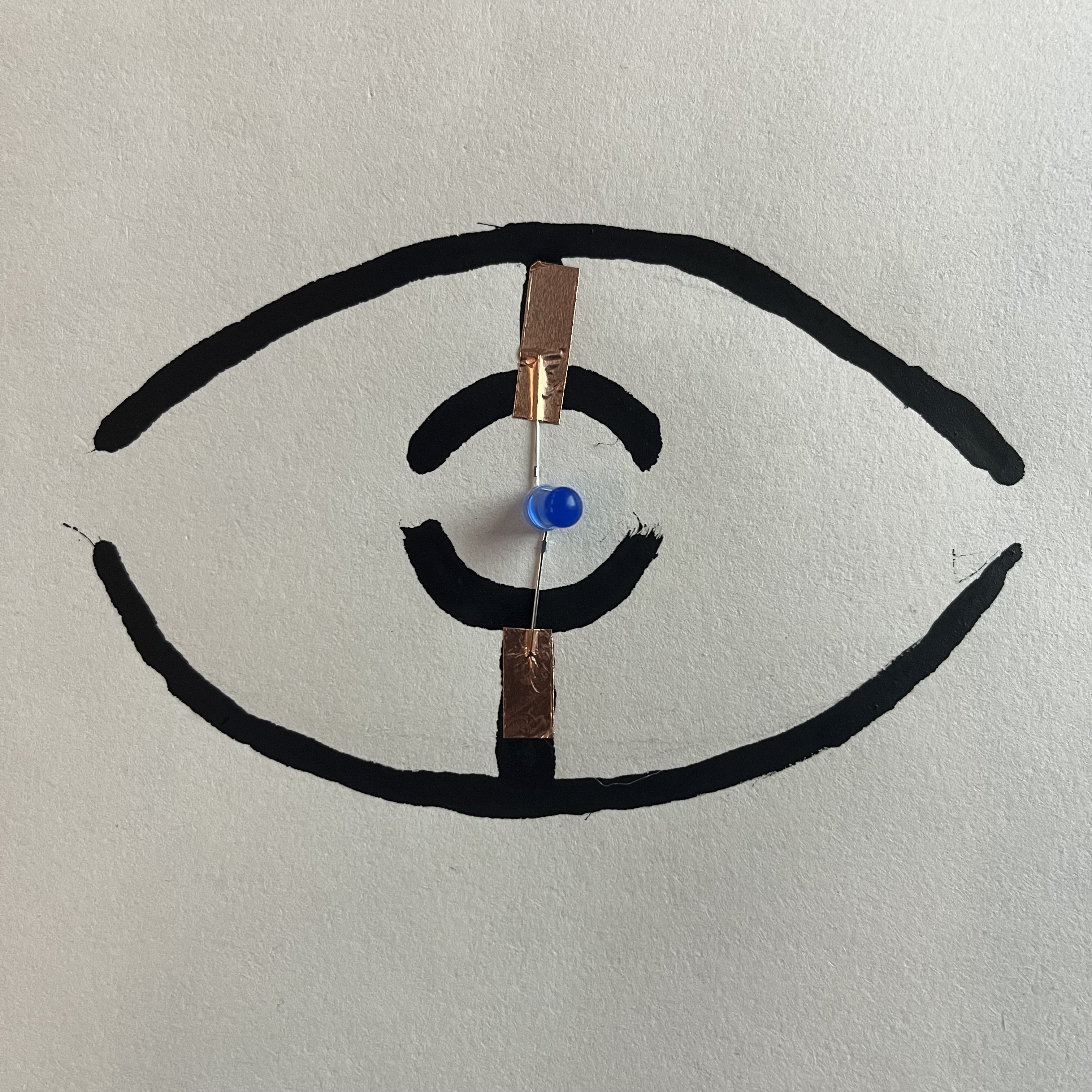 I used copper tape to hold the anode and cathode wires in 0lace against the conductive paint that makes the 2 halves of the eye shape.