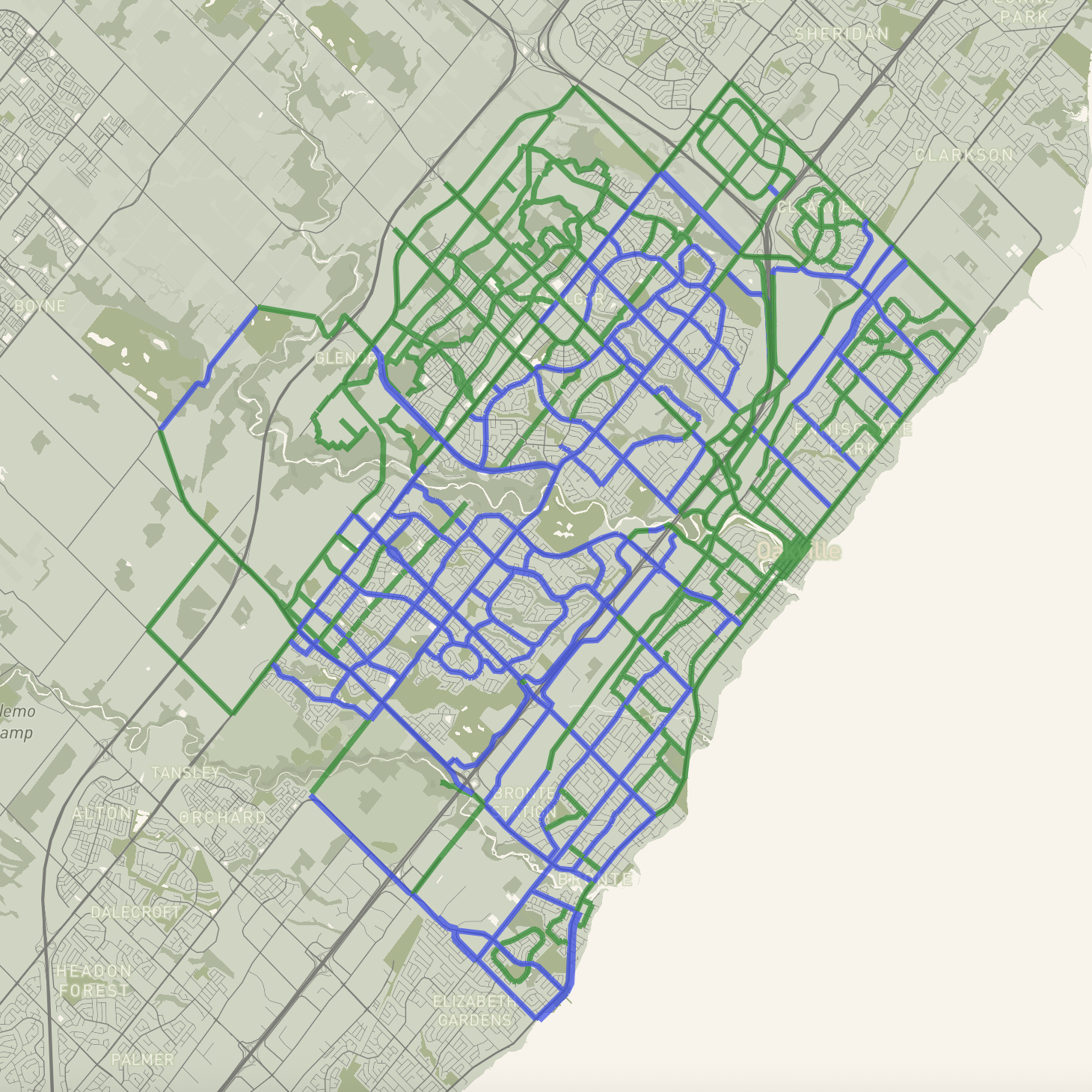 This was my first attempt at bivariate data, using Steve's tutorial. I selected dark blue as the current bike paths, and green for the proposed paths because they fit well with the mostly monochrome pale green colour scheme. I made the width lines very thick to stand out against everything else.