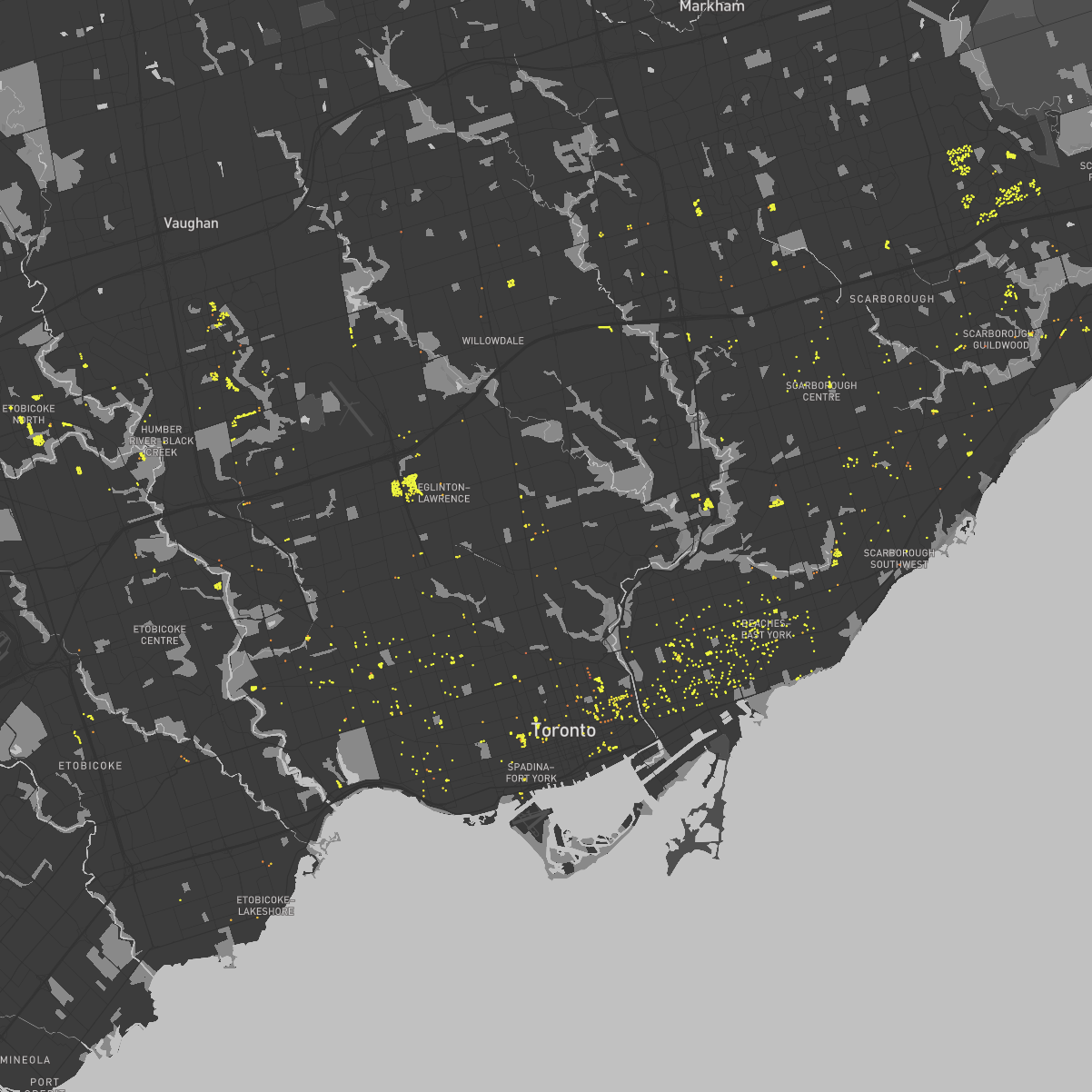 I went looking for data sources about rent geared to income housing and found this dataset showing all current community housing. I made it into a data driven circle map to show all current RGI housing units across Toronto, with the lighter yellow representing a lower number of units per building, and the darker orange representing a high density of RGI units per building. I like how you can see the densities of where RGI units are built en masse in certain regions of Toronto, compared to other areas where they seem to either not exist at all, or be evenly distributed across the whole area. I could only show the actual building density by using 0.4 sized circles, otherwise they overlapped too much and became blobs. That limitation made me decide to use this as more of an overview map, and then if this were a real project I would have district maps with a higher zoom level and street names to show where in each district the units are located.