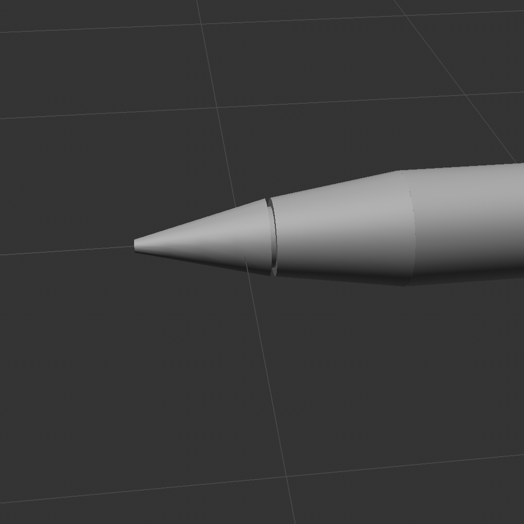 I decided to try and make the tip more accurate here, by using 2 cones and a cylinder to put it all together instead of 1 cone. I'm a lot happier with this than the original cone shape. I did it by using the original cone length as the halfway point, and used the midway radius as both the ending radius of cone 1 and starting radius of cone 2.