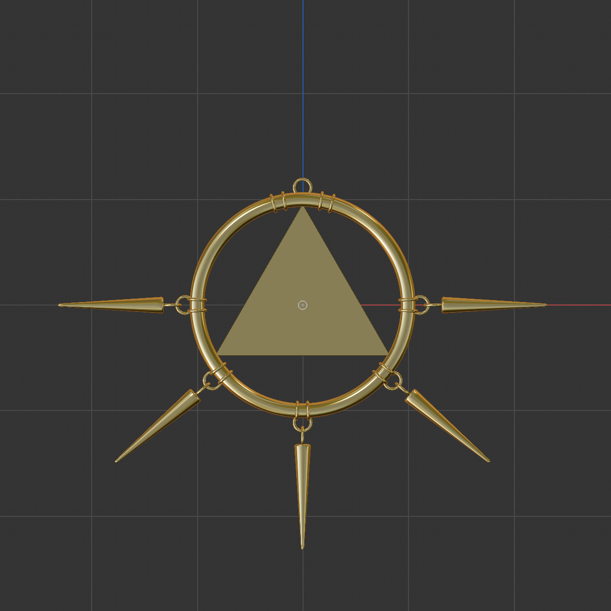 I originally tried to duplicate the spike object group using the array generator, but I only need 5 of them in the lower half of the circle and that's not an option for an array so I had to rotate everything manually. I added a small cylinder in the middle of everything since so far I haven't moved the main ring and triangle from the world origin spawn point. Then I grouped this into the spike object to use it as the rotation point, copied the object, and used positive and negative rotations based on that small cylinder to get everything to align perfectly. I did the same for the small rings near the top, but deleted the spikes out of those groups.